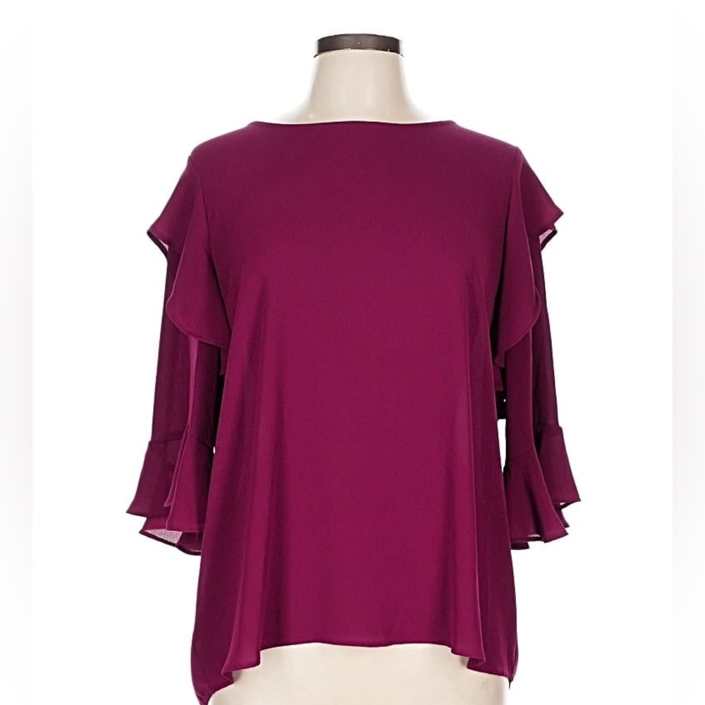 LOFT Magenta Ruffle 3/4 Sleeve Top